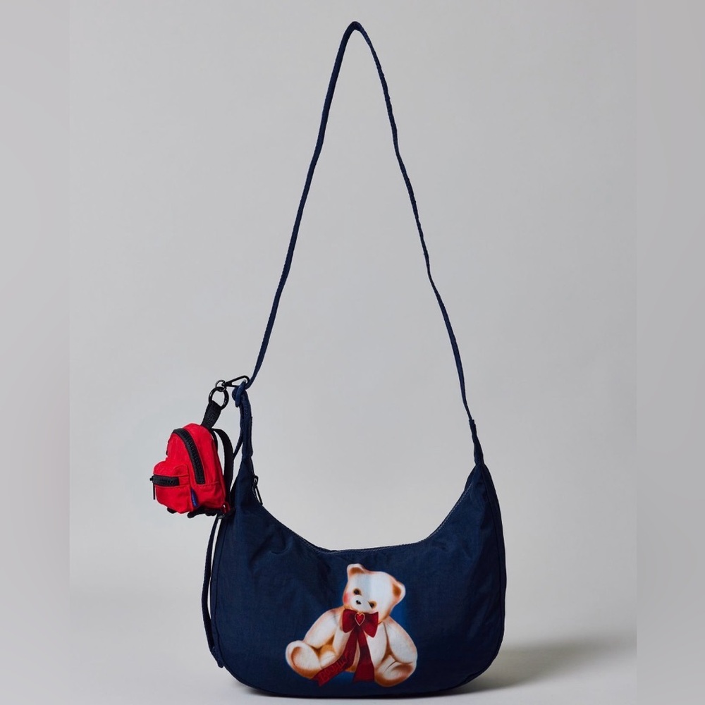 BAGGU medium crescent Navy Blue Bag with Teddy Bear Design